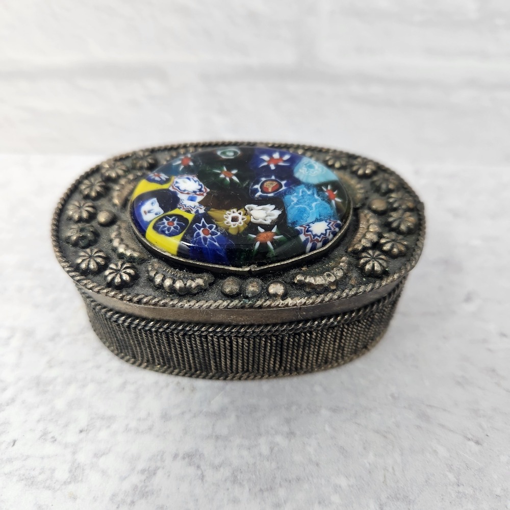 Vtg Ornate MILLEFIORI GLASS Silverplate Trinket Box Velvet Lined 1.75 Tall Italy
